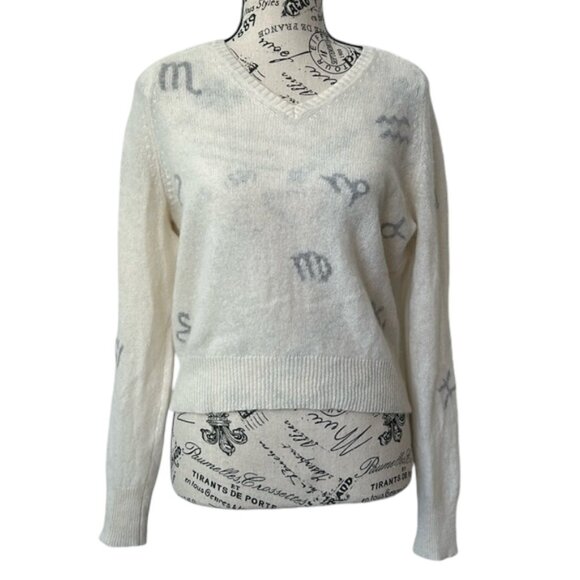 Skull Cashmere off-white with zodiac signs detail V-neck sweater size XS - Picture 1 of 6